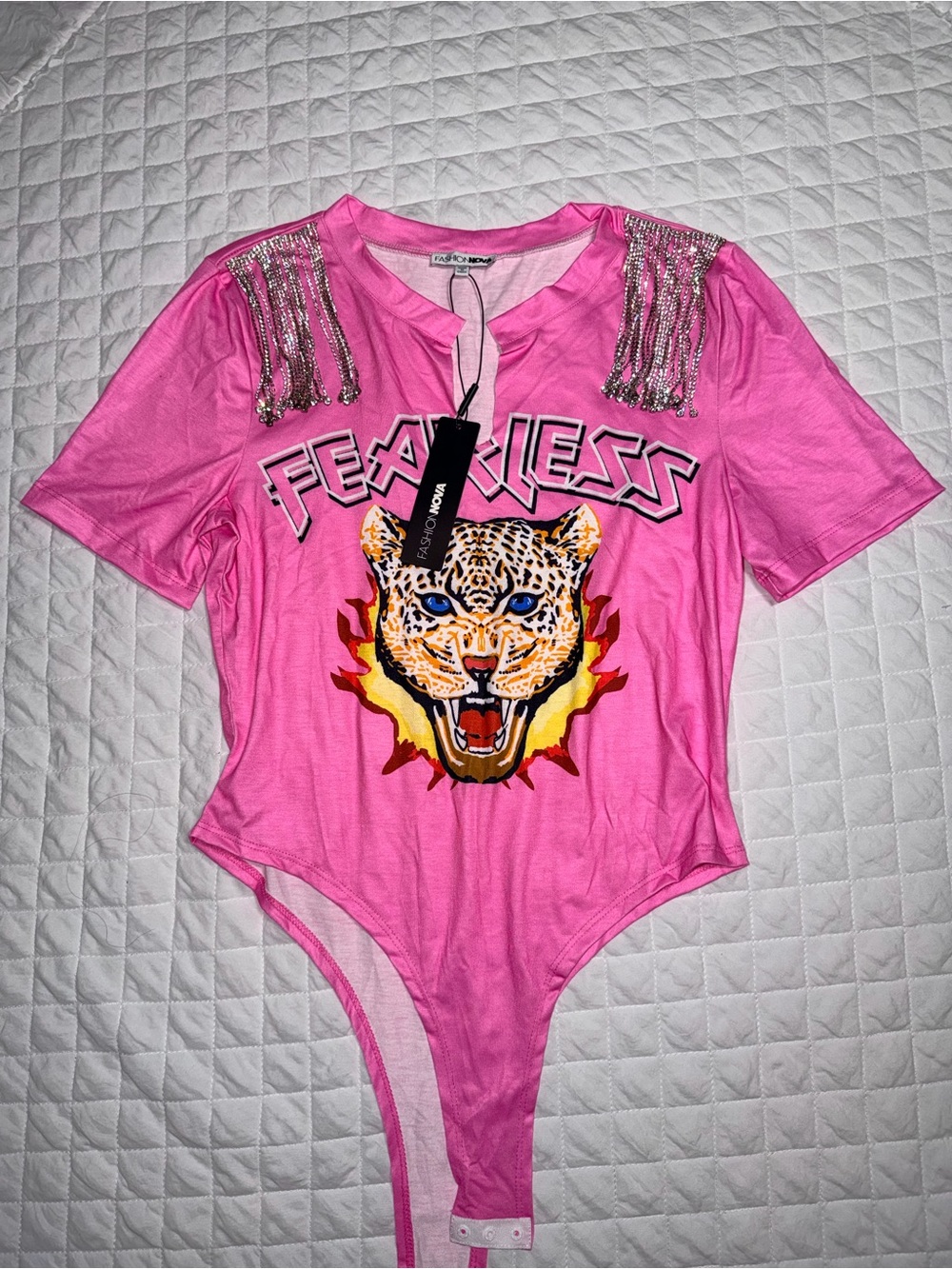 Fashion Nova Pink 'Fearless' Leopard Graphic Bodysuit with Shoulder Fringe